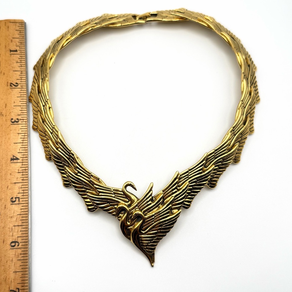 Vintage 80s Laurel Burch Swan Wing Gold Tone Choker Collar Necklace 16” - Picture 13 of 15